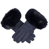 Women's touchscreen velour-lined faux suede gloves with faux fur cuffs in navy