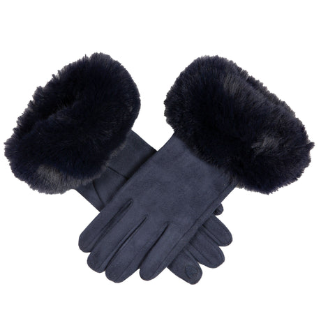 Women's touchscreen velour-lined faux suede gloves with faux fur cuffs in navy