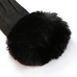Women's touchscreen velour-lined faux suede gloves with faux fur cuffs in black open cuff