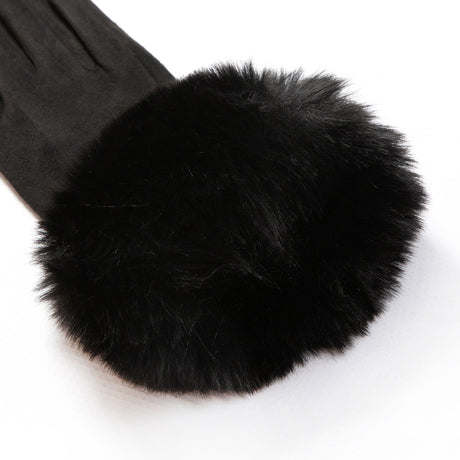Women's touchscreen velour-lined faux suede gloves with faux fur cuffs in black open cuff