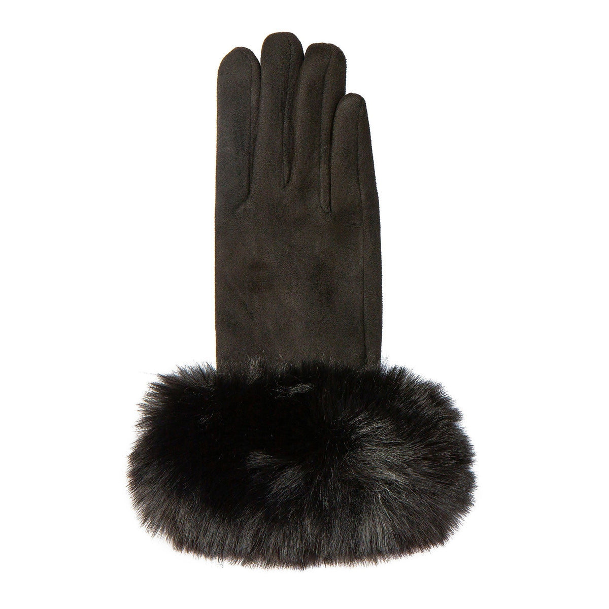 Women's touchscreen velour-lined faux suede gloves with faux fur cuffs in black right