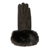 Women's touchscreen velour-lined faux suede gloves with faux fur cuffs in black right