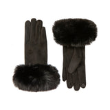 Women's touchscreen velour-lined faux suede gloves with faux fur cuffs in black side