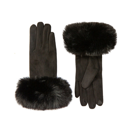 Women's touchscreen velour-lined faux suede gloves with faux fur cuffs in black side