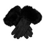 Women's touchscreen velour-lined faux suede gloves with faux fur cuffs in black 