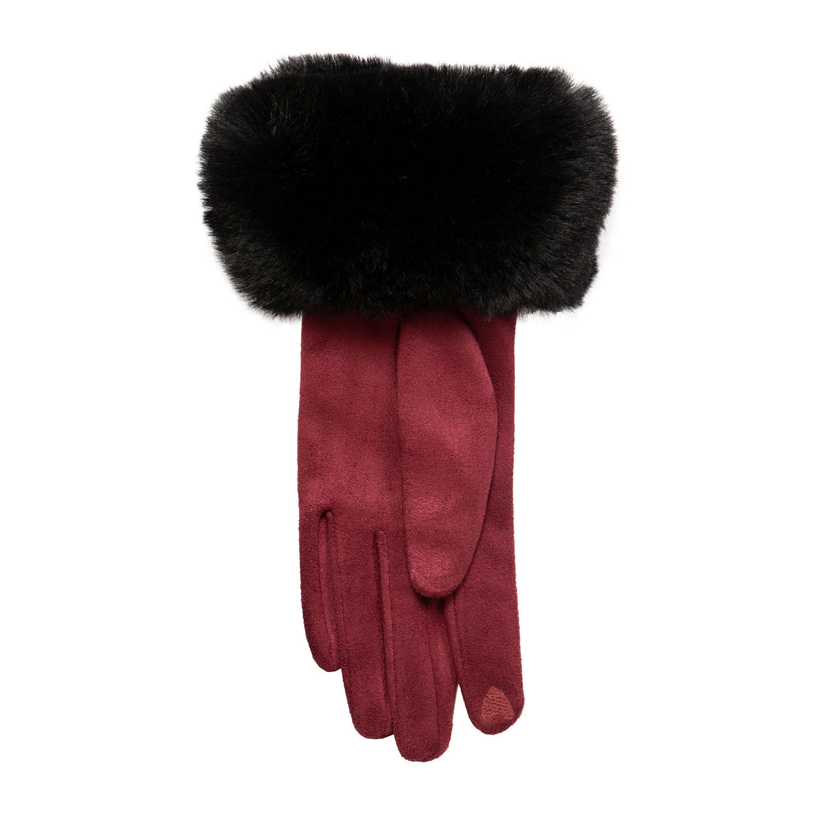 Women's touchscreen velour-lined faux suede gloves with faux fur cuffs in berry/black left
