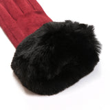 Women's touchscreen velour-lined faux suede gloves with faux fur cuffs in berry/black open cuff