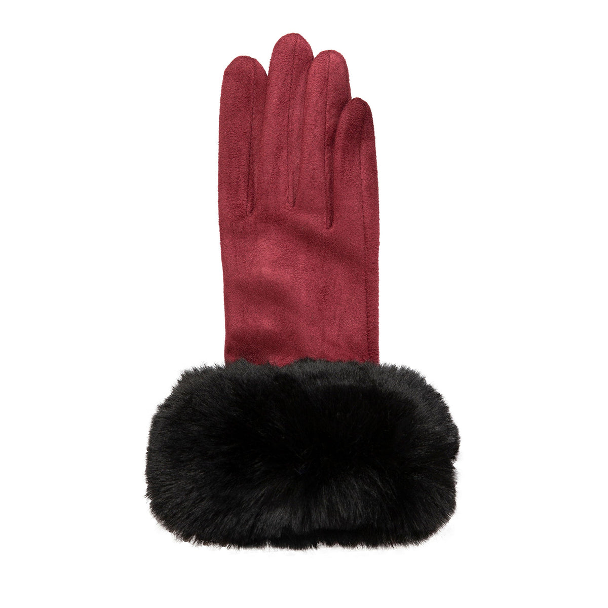 Women's touchscreen velour-lined faux suede gloves with faux fur cuffs in berry/black right