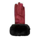 Women's touchscreen velour-lined faux suede gloves with faux fur cuffs in berry/black right