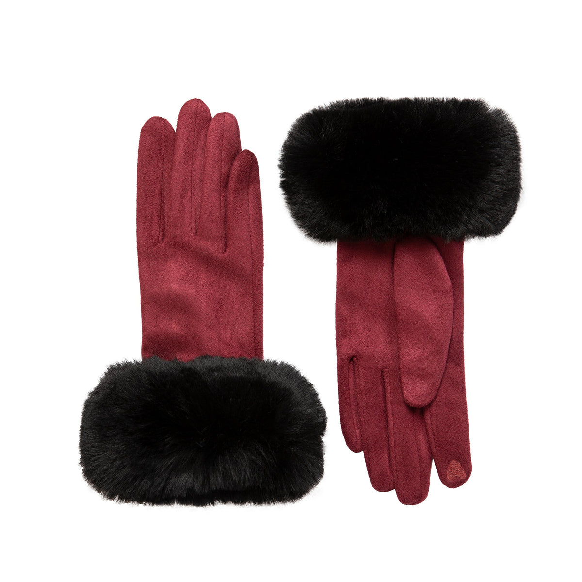 Women's touchscreen velour-lined faux suede gloves with faux fur cuffs in berry/black side