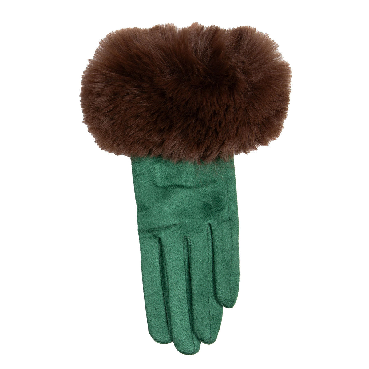 Women's touchscreen velour-lined faux suede gloves with faux fur cuffs in emerald/chocolate left