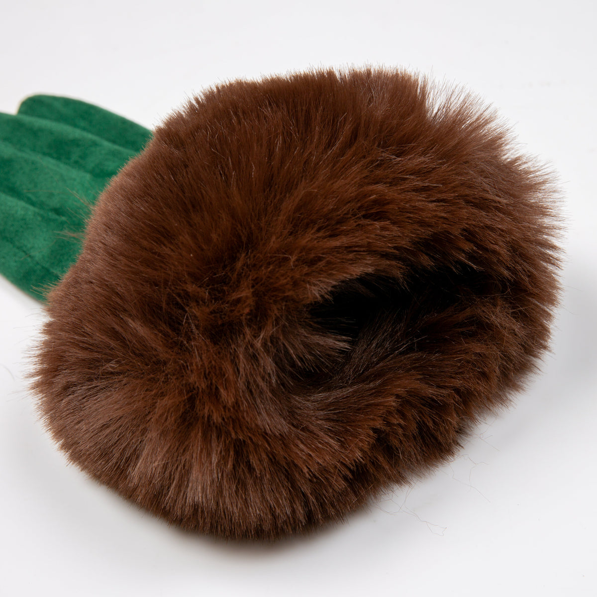 Women's touchscreen velour-lined faux suede gloves with faux fur cuffs in emerald/chocolate open cuff