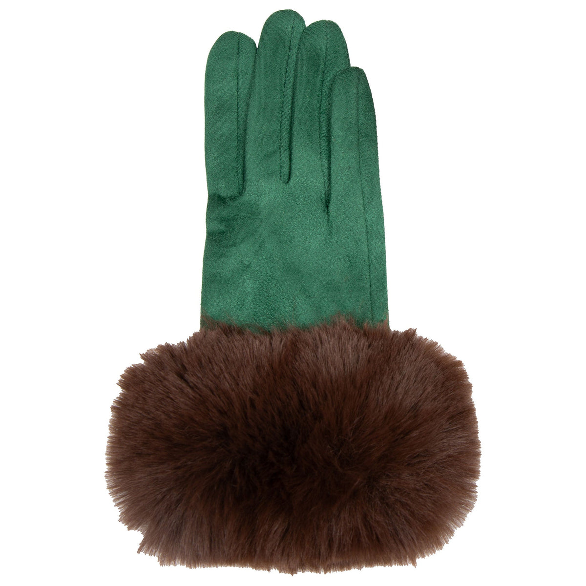 Women's touchscreen velour-lined faux suede gloves with faux fur cuffs in emerald/chocolate right
