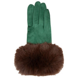 Women's touchscreen velour-lined faux suede gloves with faux fur cuffs in emerald/chocolate right