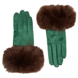 Women's touchscreen velour-lined faux suede gloves with faux fur cuffs in emerald/chocolate side