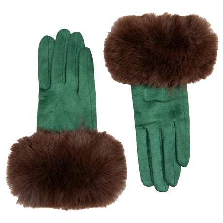 Women's touchscreen velour-lined faux suede gloves with faux fur cuffs in emerald/chocolate side