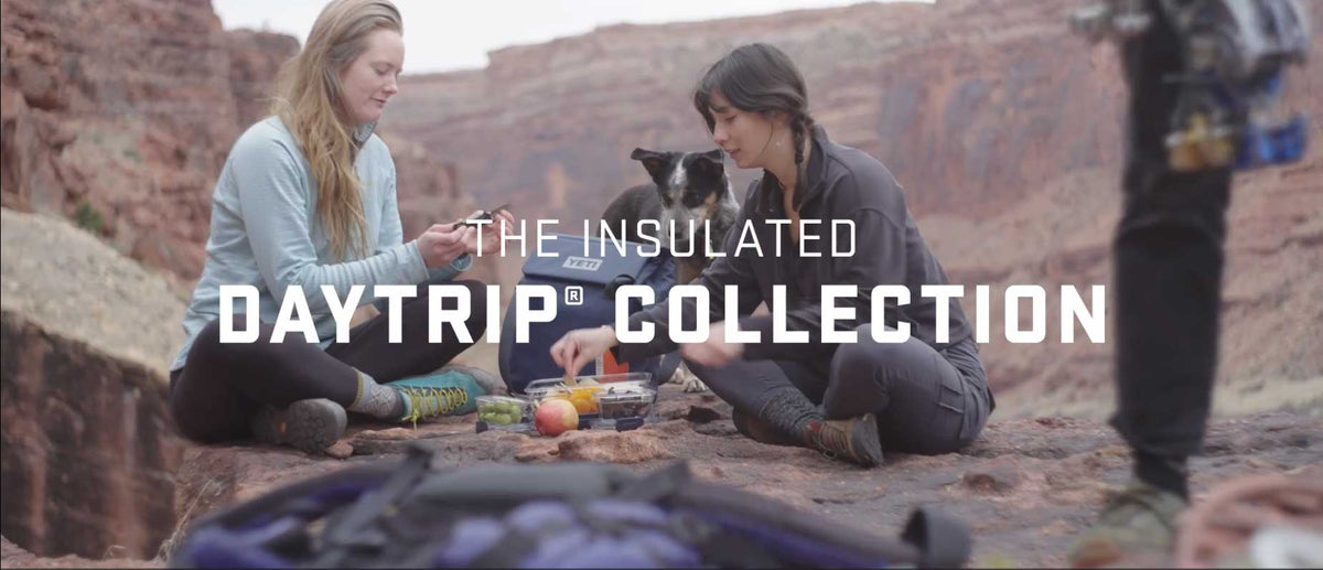 Two women and a dog sit on a rocky desert landscape, sharing a picnic with a branded The Insulated Daytrip Collection bag in the foreground. Large white text overlays the center of the image.