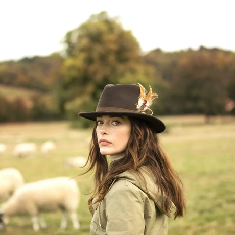 HICKS & BROWN Ladies Suffolk Fedora Hat - Gamebird Feather - Dark Brown Hicks and Brown