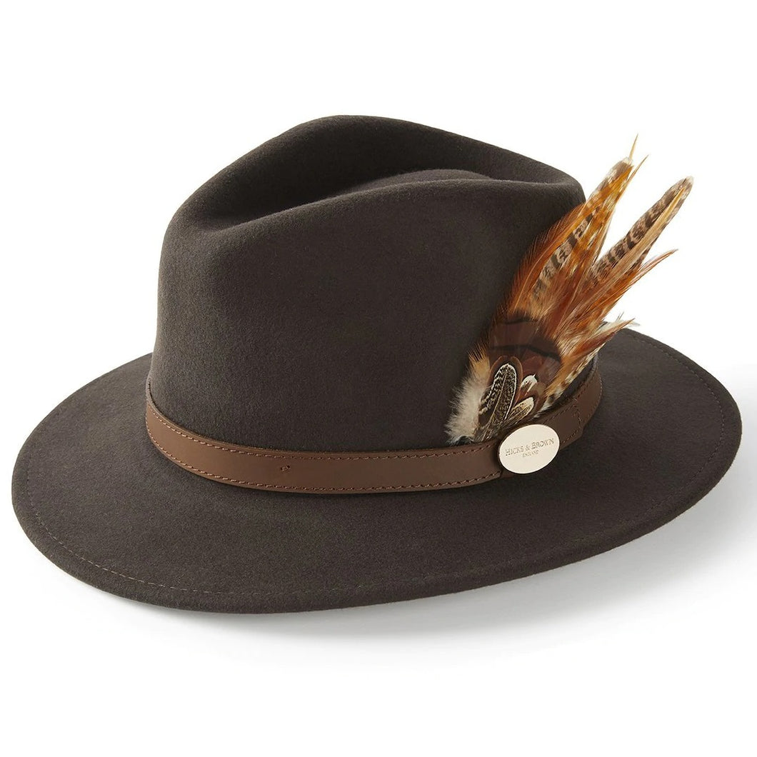 HICKS & BROWN Ladies Suffolk Fedora Hat - Gamebird Feather - Dark Brown