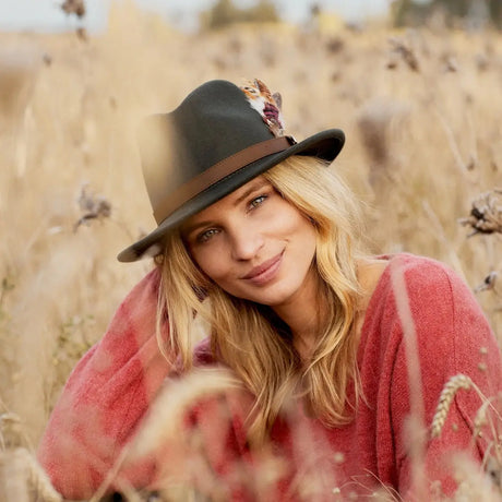 HICKS & BROWN Ladies Suffolk Fedora Hat - Gamebird Feather - Olive Hicks and Brown