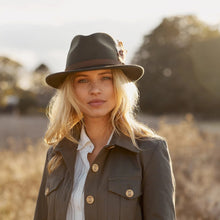Load image into Gallery viewer, HICKS &amp; BROWN Ladies Suffolk Fedora Hat - Gamebird Feather - Olive
