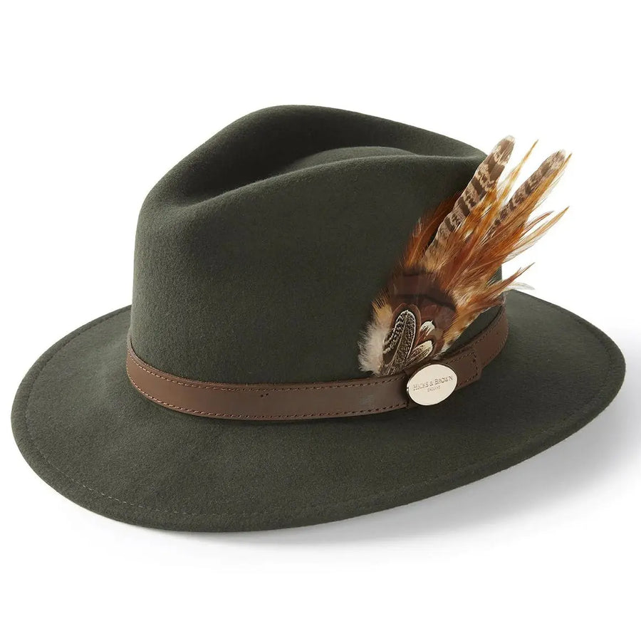 HICKS BROWN Ladies Suffolk Fedora Hat Gamebird Feather Olive Large (59-60cm)