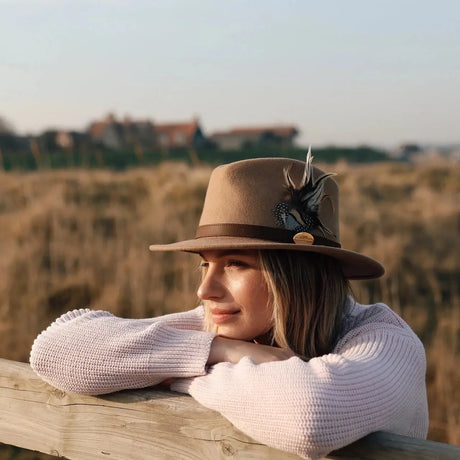 HICKS & BROWN Ladies Suffolk Fedora Hat - Guinea and Pheasant Feather - Camel Hicks and Brown