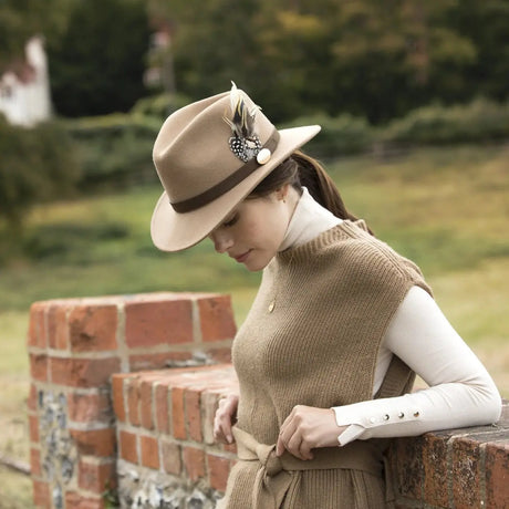 HICKS & BROWN Ladies Suffolk Fedora Hat - Guinea and Pheasant Feather - Camel Hicks and Brown