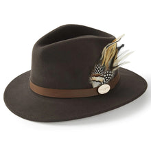 Load image into Gallery viewer, HICKS &amp; BROWN Ladies Suffolk Fedora Hat - Guinea and Pheasant Feather - Dark Brown
