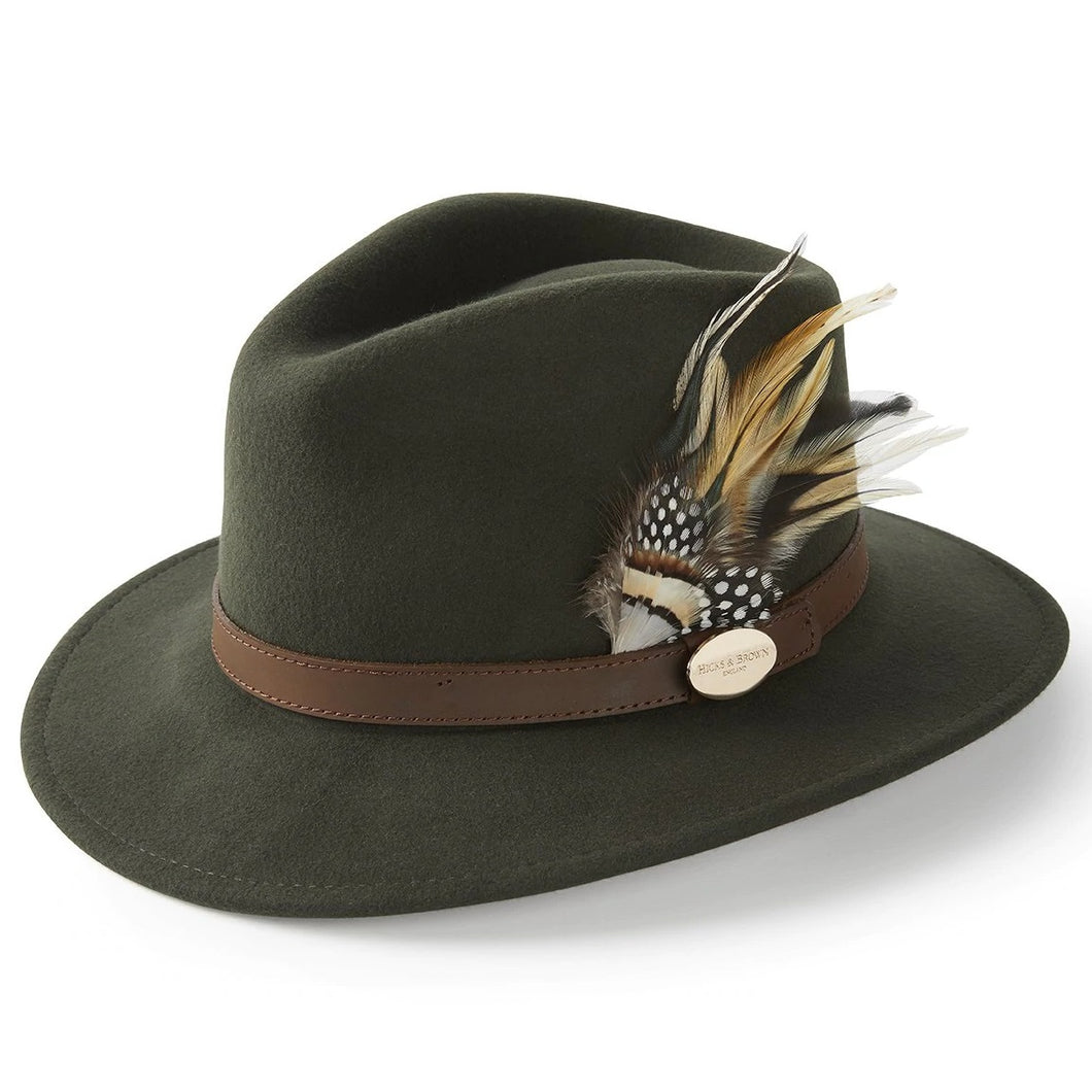 HICKS & BROWN Ladies Suffolk Fedora Hat - Guinea and Pheasant Feather - Olive
