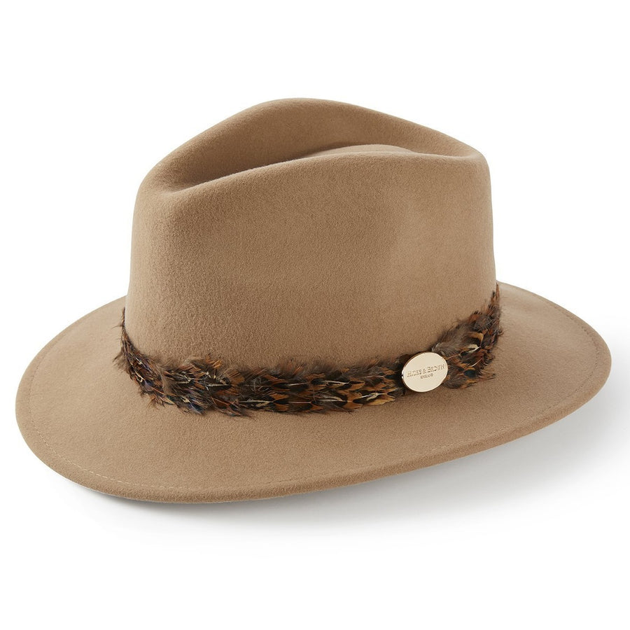 HICKS BROWN Ladies Suffolk Fedora Hat Pheasant Feather Wrap Camel Extra Small (53-54cm)