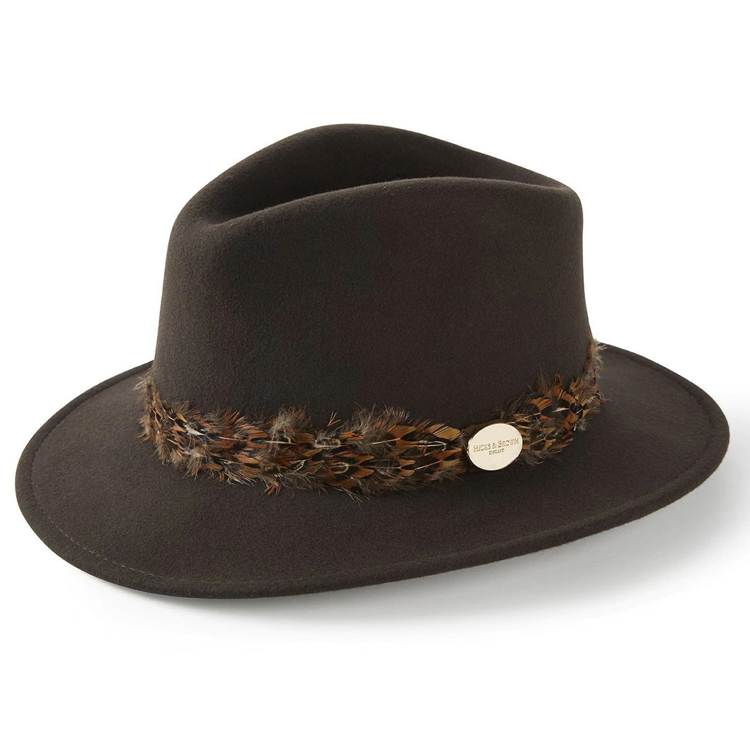 HICKS & BROWN Ladies Suffolk Fedora Hat - Pheasant Feather Wrap - Dark Brown