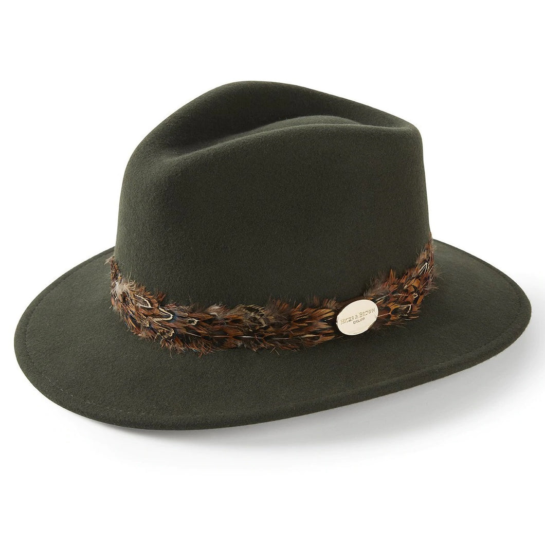 HICKS & BROWN Ladies Suffolk Fedora Hat - Pheasant Feather Wrap - Olive