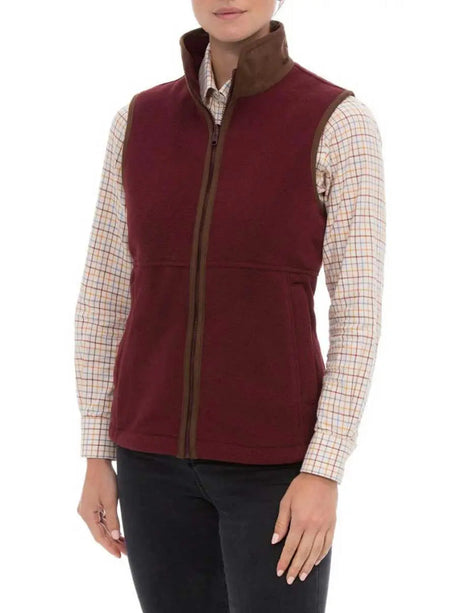 ALAN PAINE Aylsham Ladies Fleece Gilet - Bloodstone – front on model.