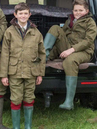 ALAN PAINE Rutland Shooting Coat - Kids Waterproof Tweed - Lichen – childrens outdoor lifestyle.