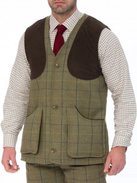 ALAN PAINE Rutland Mens Shooting Waistcoat - Dark Moss – front on model.