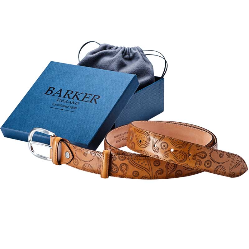 Barker Plain Leather Belt - Cedar Calf & Paisley Laser