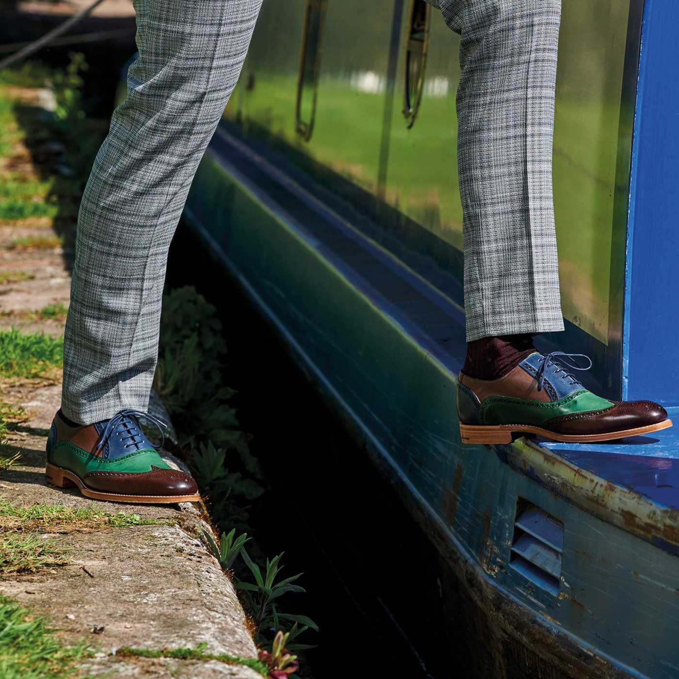 BARKER Valiant Shoes - Mens Brogues - Ebony, Green & Blue Hand Painted