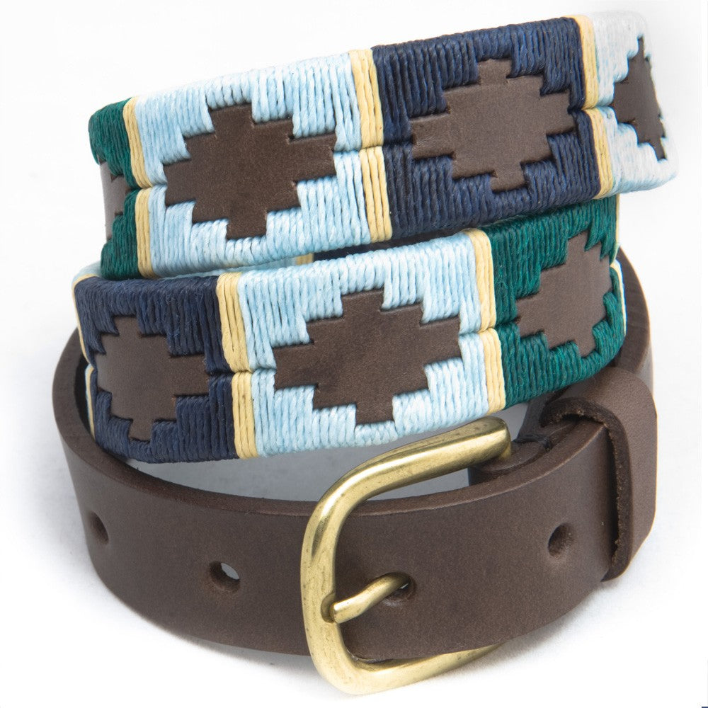 PIONEROS Polo Belt - Narrow Argentinian - 162 Green/Pale Blue/Navy with Cream Stripe
