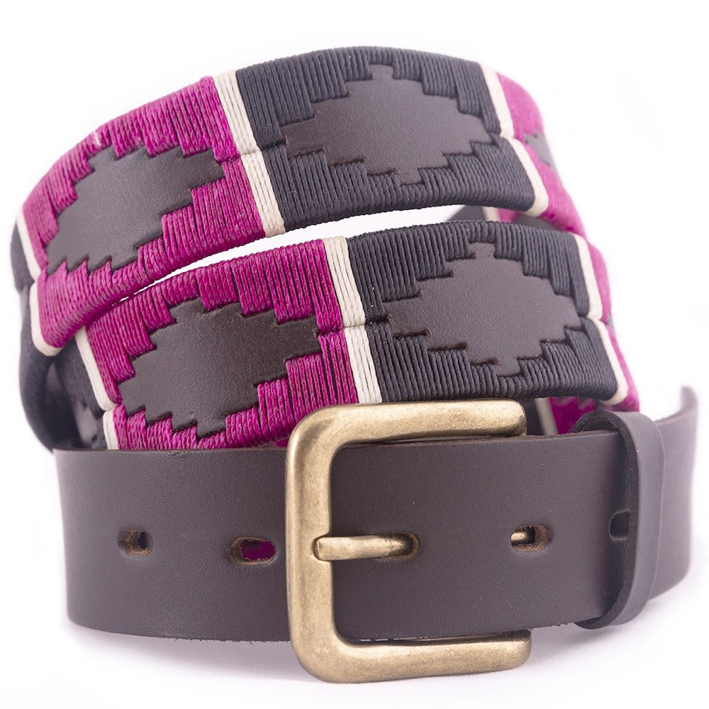 PIONEROS Polo Belt - Wide Argentinian - 122 Black/Berry with White Stripe
