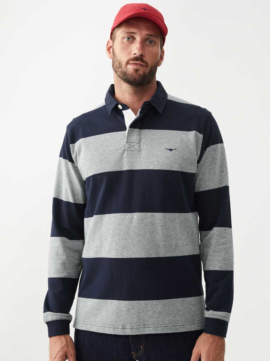 RM WILLIAMS Mens Tweedale Rugby Shirt - Navy & Grey Stripe